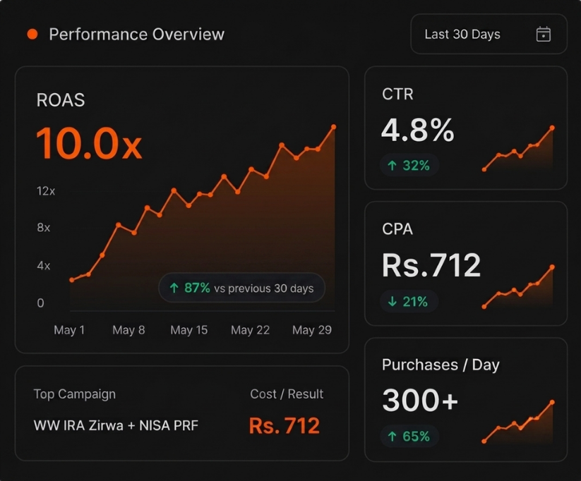 Performance overview dashboard showing ROAS, CTR, CPA and daily purchases